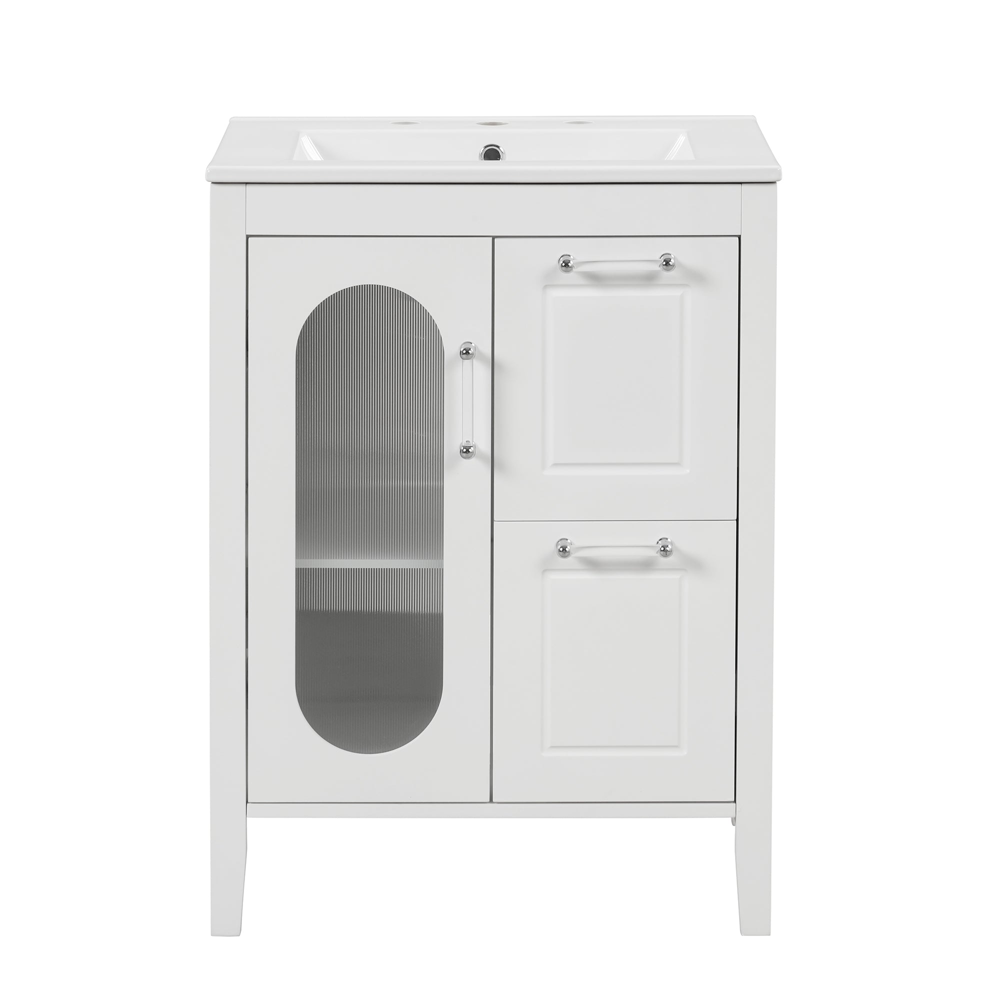 VanityFus 24-in White Bathroom Vanity Single Sink Combo Ceramic Top 1 Glass door 2 drawers Undermount Adjustable Shelves